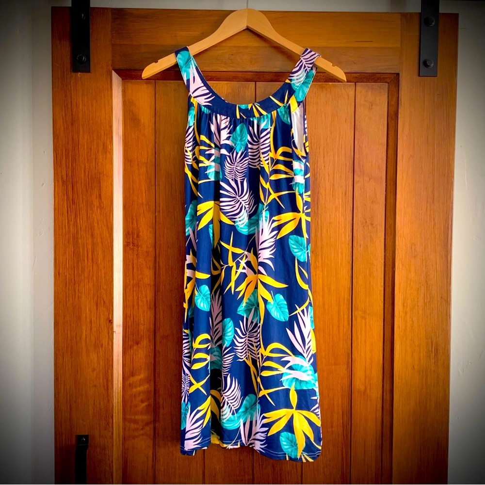 Tropical Palm Leaf Print Dress - Size S, navy - NWT